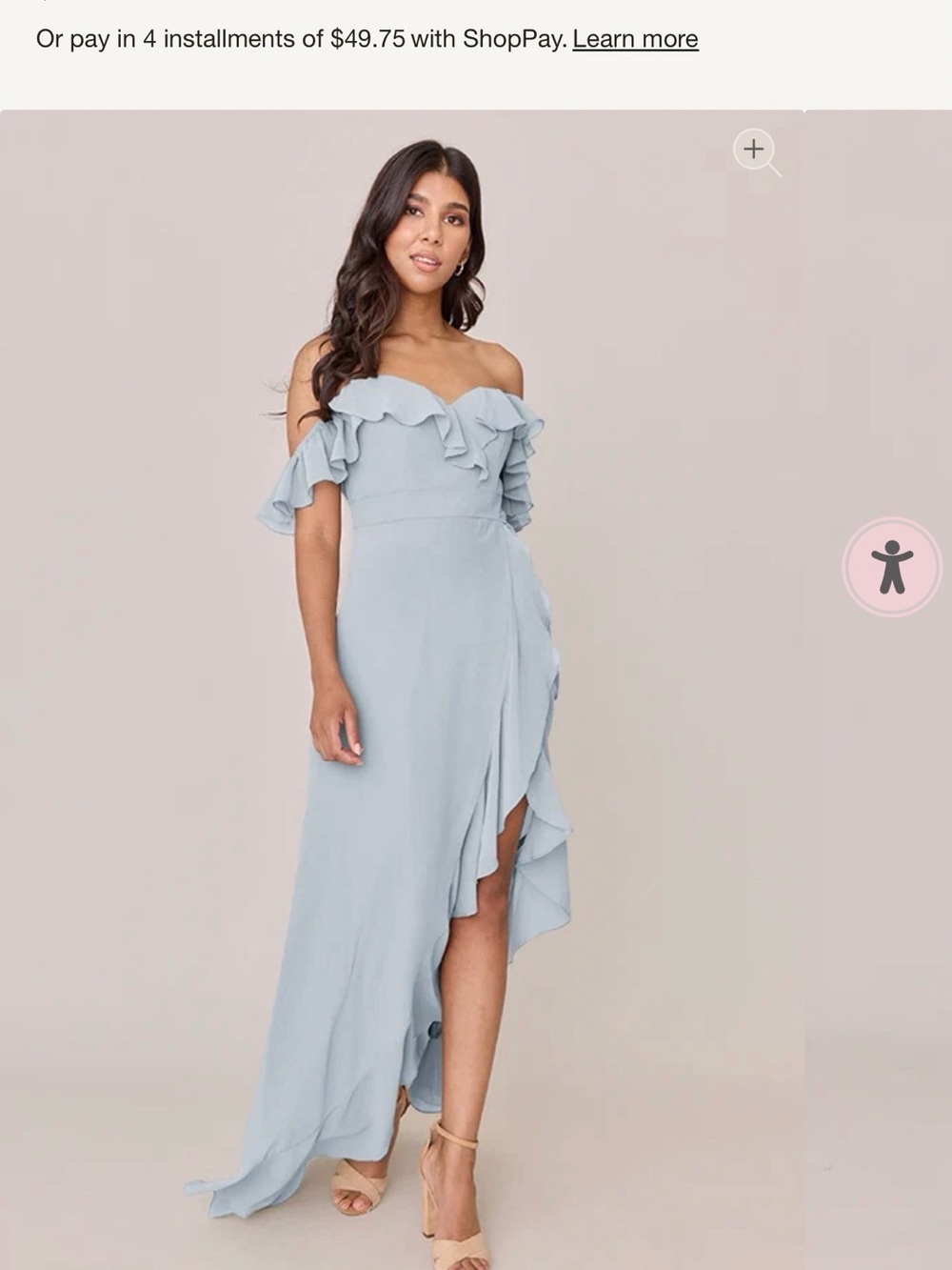 Revelry Off-Shoulder Ruffle High-Low Gown in Light Blue